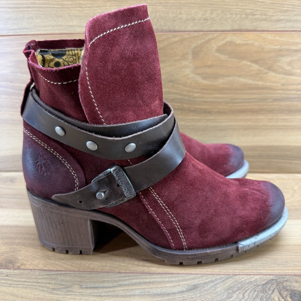 FLY LONDON YOK Chunky Biker Boots 9.5 EU 40 Deep Red Suede Minimalist Modern - Picture 2 of 11